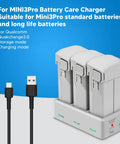 Three Port Drone Battery Charger Station For Mini 3 Pro And Mini with three batteries and USB cables on a blue background
