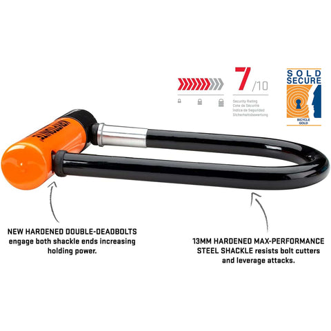 Mini U Lock With 4 Ft Security Cable, 7mm Hardened Steel Shackle, Double Deadbolt Locking, orange and black lock, side view