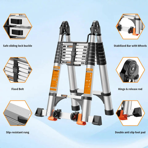 Heavy-Duty Telescoping A-Frame Ladder 12.5 Ft With Dual Locks, Triangular Stabilizers, And 330 Lb Capacity, Wobble-Free Anti-Slip Rungs, Reinforced Feet For Steady Home And Pro Jobs, folded aluminum ladder detail