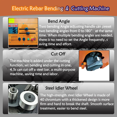 Electric Rebar Bending and Cutting Machine features bending angle adjustments and steel idler wheel for heavy duty performance.