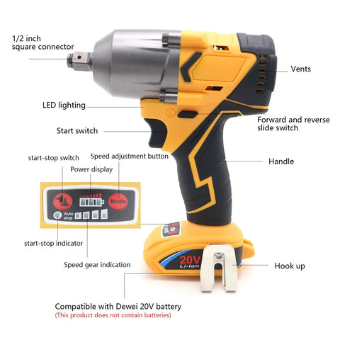 Beast Torque 500 Foot Pounds 20V Cordless Half Inch Brushless Impact Wrench With 4 Speed Settings shown with labeled parts