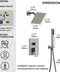 EVERSTEIN 6" Wall Mount Shower System with Handheld Spray, Brushed Nickel with detailed dimensions and brass valve information.