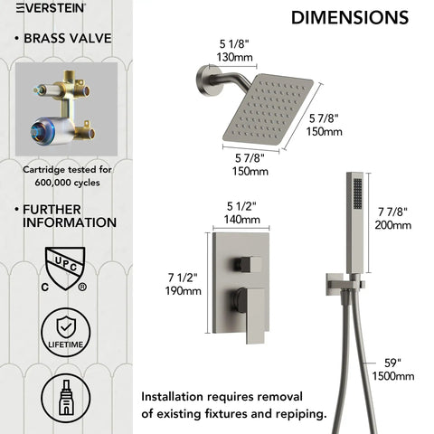 EVERSTEIN 6" Wall Mount Shower System with Handheld Spray, Brushed Nickel with detailed dimensions and brass valve information.