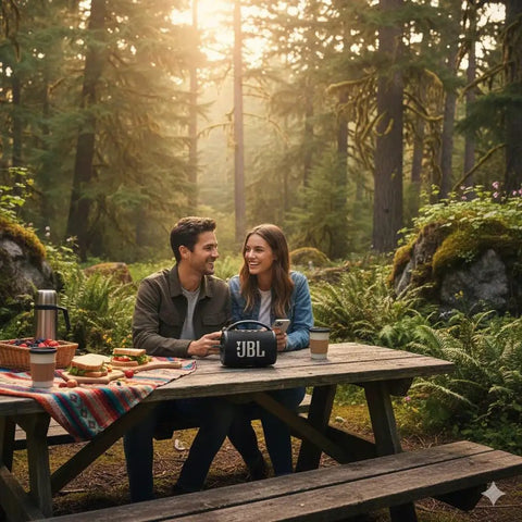 Couple at picnic table in forest with JBL Boombox speaker used for entertainment.