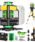 Green Laser Level With Tripod 4D 360 Degree Self Leveling Line Laser For Construction And Tile Work Indoor Renovation 16 Lines Pro Grade High Visibility Beam Accurate Plumb And Level Tool Only Works With DeWalt 20V Battery, shown with tripod and accessories