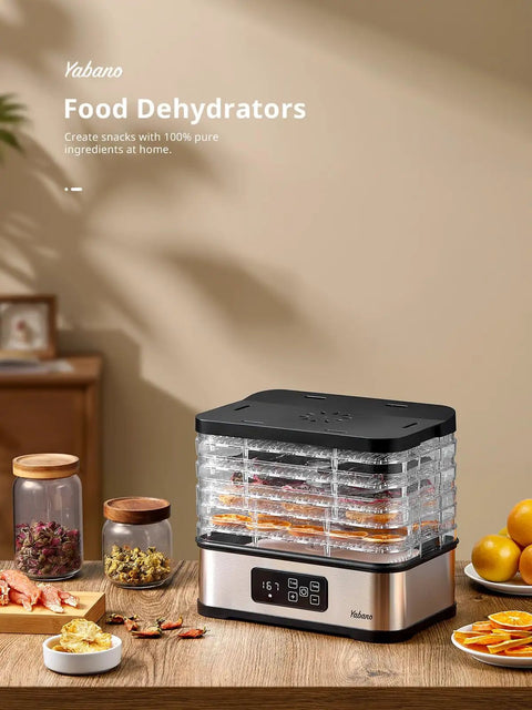 Five Tray Electric Food Dehydrator With Smart Digital Controls And Flexible Temp Settings for drying herbs and fruits.