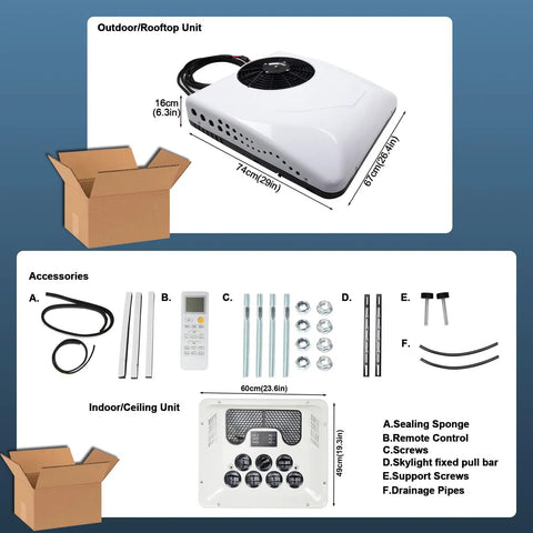 12V RV Rooftop Air Conditioner With 15000 BTU Heating And Cooling Brushless Compressors and accessories shown