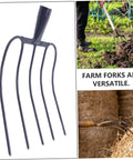 Durable Agricultural Fork Multi Functional Manure Fork For Farm And Lawn Tough Heavy Duty Handheld Tool in use and close-up view.