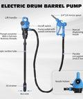 Heavy Duty Electric Drum Pump Fits 55 Gallon Barrels And Ibc Tanks With 120 Volt AC And 12 Volt DC Power showing flexible parts and controls.