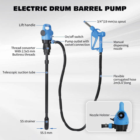 Heavy Duty Electric Drum Pump Fits 55 Gallon Barrels And Ibc Tanks With 120 Volt AC And 12 Volt DC Power showing flexible parts and controls.
