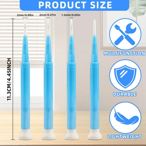4 Piece Plastic And Ceramic Non Conductive Slotted Screwdriver Set For Precision Electronics Repair Circuit Adjustment And Watchmaking With Top Shelf Insulation And Hella Robust Design displayed with size measurements on a wooden surface.