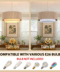 Plug In Pendant Light 18 Inch Rattan Chandelier With Handwoven Hemp Rope And White Fabric Shade Featuring Extra Long Power Cord shown on and off.