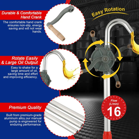 Rugged Aluminum Drum Pump Fits 5 To 55 Gallon Containers with comfortable hand crank and smooth rotation for oil transfer.