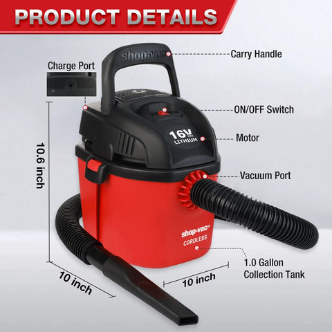 Cordless 1 Gallon Red Wet Dry Vacuum That Feels Like A Workhorse With 16 Volt Lithium Battery Portable Compact Vacuum Packed With Accessories Filter Bag And Foam Sleeve Perfect For Home Car And Jobsite Cleanup
