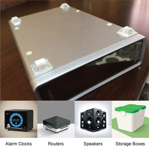 Heavy Duty Self Adhesive Rubber Feet 50 Pack Clear Trapezoid Bumper Pads on speaker dock for stable electronic setup.