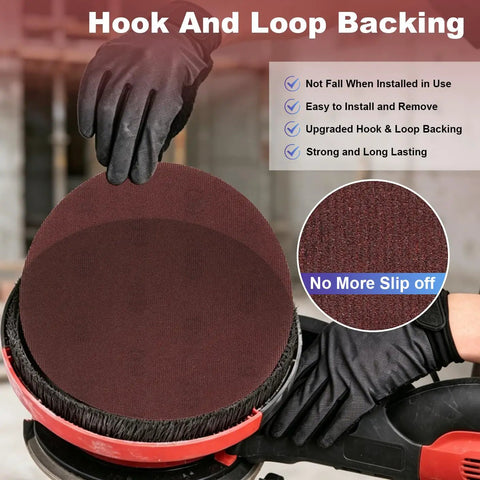 25-Piece 9-Inch Mesh Sanding Discs Set With 60 80 120 180 240 Grits, Open Mesh Hook-And-Loop For Dust Extraction shown on sander