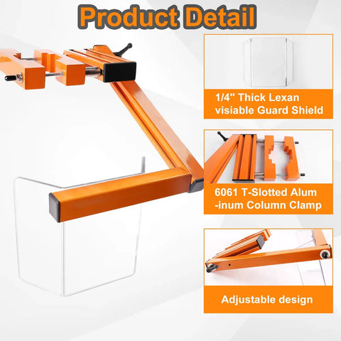 Universal Drill Press Guard Shield Built Tough For 2 To 4 Inch Column Drills Flip Safety Fence Accessory highlighting 1/4" Lexan shield and T-slotted clamp.
