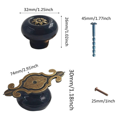 Retro Ceramic Mushroom Knob Set Of 5 With Zinc Alloy Backplates Bronze And Black Finish For Dresser Cabinet Wardrobe Vintage Pull Handles Easy Mounting With Screws Adds Rustic Charm To Any Furniture, showing knob dimensions and screws.