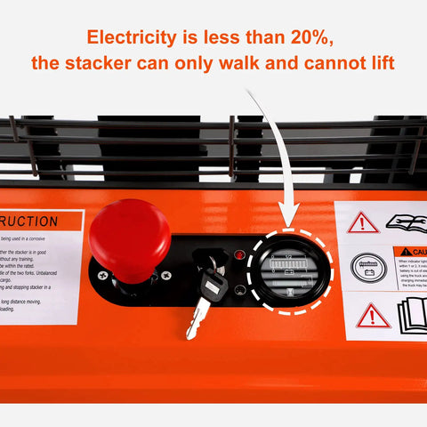 Control panel of Heavy Duty Full Electric Walkie Pallet Stacker With Straddle Legs showing battery level indicator and emergency stop switch.
