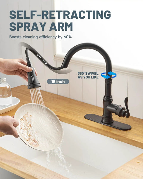 Matte Black Kitchen Sink Faucet With Pull Down Sprayer washing dish, 180-degree swivel spout, single deck plate, rustic finish