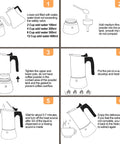 Illustration showing step-by-step instructions for using a 12 Cup Moka Pot Stainless Steel Coffee Maker Stovetop Espresso Coffeemaker.