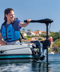 Easy Attach No Fuss Quick Setup Heavy Duty Motor Mount Kit with marine plywood and aluminum arms on inflatable boat.