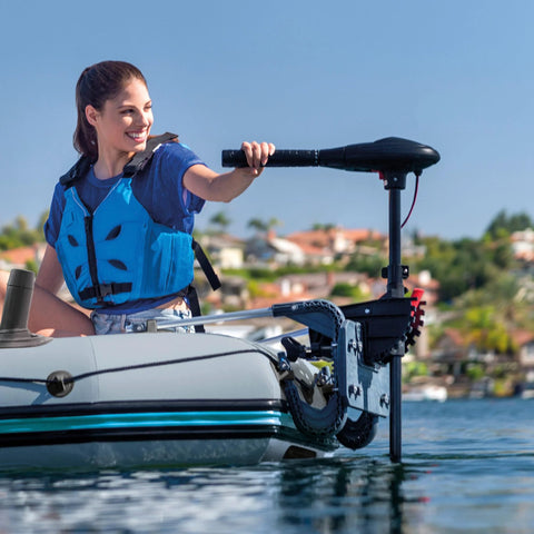 Easy Attach No Fuss Quick Setup Heavy Duty Motor Mount Kit with marine plywood and aluminum arms on inflatable boat.