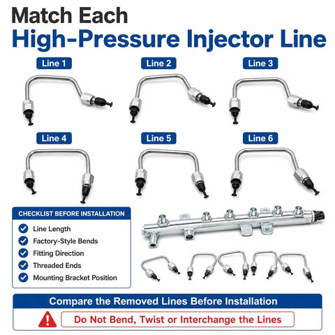 Premium Fuel Rail And Injector Line Kit For 2007 To 2012 Dodge Ram 2500 And 3500 Trucks With 6.7L Cummins Diesel Engine Super Durable Heavy Duty Replacement Fits Perfectly No Leaks, six injector lines and fuel rail set