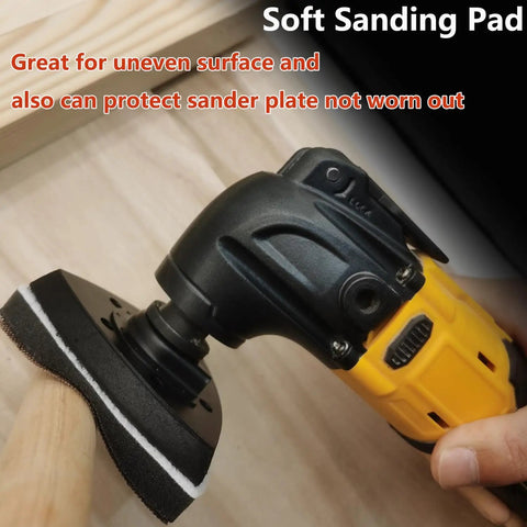 Oscillating Tool Sanding Pads Kit With 138Pcs Mesh And Normal Sandpaper 2 Sanding Pads And 1 Interface Pad Multitool Sandpaper Set For Finishing Detail Sanding Pro Grade in use on wooden surface