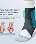 Right Ankle Brace for Women and Men, Sprain Recovery Support With Two Spring Steel Supports, Black, Size M, shown on foot.