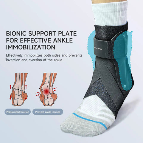 Right Ankle Brace for Women and Men, Sprain Recovery Support With Two Spring Steel Supports, Black, Size M, shown on foot.