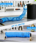 Hella Flexible Polyurethane Recoil Air Hose With Built In Bend Restrictor And Snappy Brass Quick Connect Couplers, 25 Ft, blue, coils for easy storage.