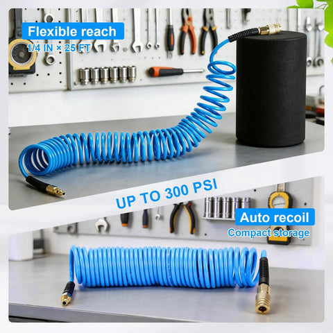 Hella Flexible Polyurethane Recoil Air Hose With Built In Bend Restrictor And Snappy Brass Quick Connect Couplers, 25 Ft, blue, coils for easy storage.