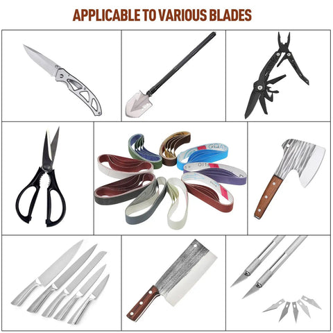 Assorted blades and 45 Pcs 1/2 Inch By 12 Inch Replacement Sharpening Belt Kit For Official Knife And Tool Sharpener
