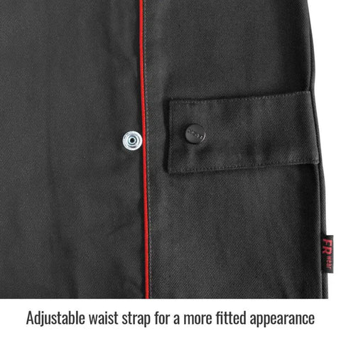 Close-up of BSX 9 Oz Contoured Flame-Resistant Cotton Welding Jacket With Welder's Collar, showing adjustable waist strap, 2X-Large Black.