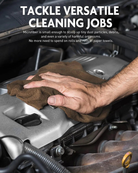 Fantasticlean microfiber cleaning cloth being used on a car engine; tan color.