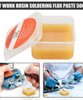 DIY work rosin soldering flux paste 50g container with open lid and close-ups of electronics repair using flux paste.