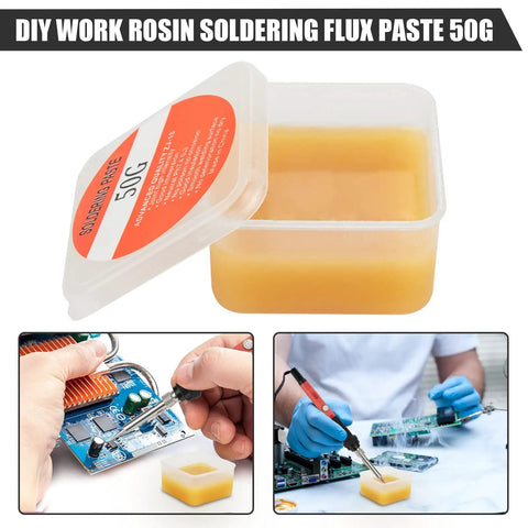 DIY work rosin soldering flux paste 50g container with open lid and close-ups of electronics repair using flux paste.