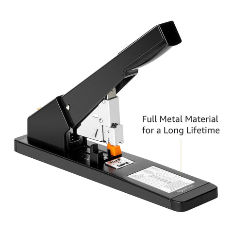 Heavy Duty Long Arm Stapler Handles Two Hundred Ten Sheets Like A Champ And Comes With One Thousand Staples Plus Rapid Jam Ejector For Zero Drama Office Paper Binding Tasks In Black, showing full metal construction.