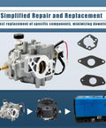 Beefed Up 20HP Carburetor Replacement Kit for Miller Bobcat Welder 225NT 225 Kohler CH20S with gaskets and installation diagram