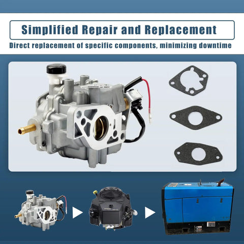 Beefed Up 20HP Carburetor Replacement Kit for Miller Bobcat Welder 225NT 225 Kohler CH20S with gaskets and installation diagram