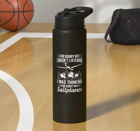 Glider Pilot Water Bottle For Sailplane Lovers, Stainless Steel Insulated Bottle With Aviation Themed Design on basketball court