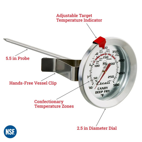Stainless Steel Deep Frying And Candy Thermometer With Pot Clip, 5 Inch Probe, 100 To 500 Degrees Fahrenheit Range, Candy Temperature Zones.