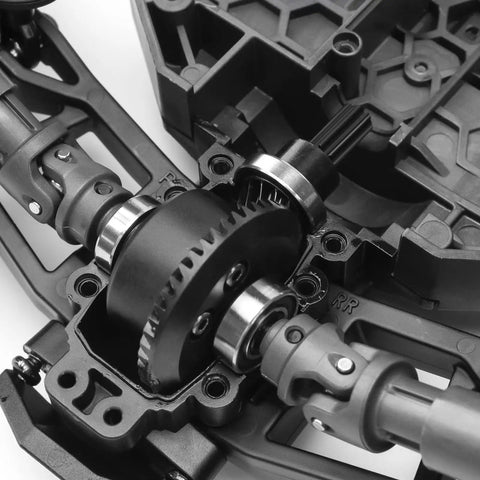 Close-up of steel differential gear set for Traxxas 1/16 Mini Maxx, Mini Slash, XRT VXL 3S showing spiral cut upgrade.