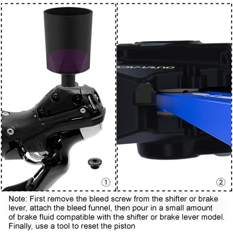 Bike Disc Brake Pad Spreader And Piston Press Tool For Shimano Calipers in use for brake fluid replacement.