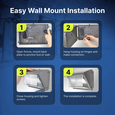 Step-by-step installation of 120W Outdoor LED Wall Pack Light With Photocell, IP65, ETL Listed, 17,400 Lumens, 5000K Daylight.