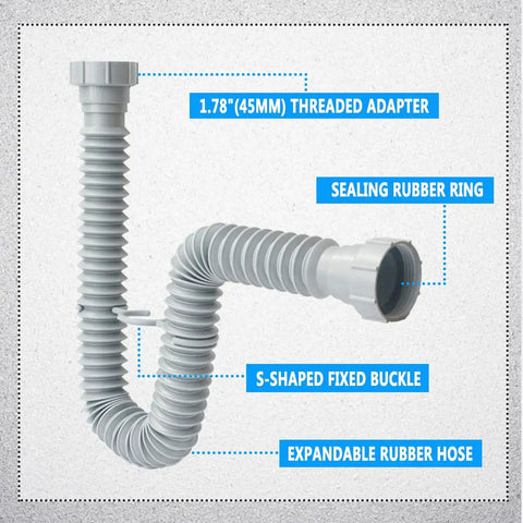 Flexible 1-1/2 Inch Kitchen Sink Drain Pipe With P Trap And Adapter, showing threaded adapter and sealing ring.