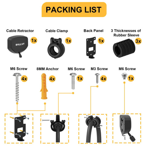 Retractable EV Charger Cable Organizer With Wall Mount Up To Eleven Feet One Touch Rewind Heavy Duty Nylon Housing packing components