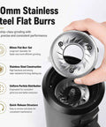 Magnetic Snap Off Single Dose Coffee Bean Grinder 550W Brushless Motor shows 80mm stainless steel flat burr for efficient grinding.