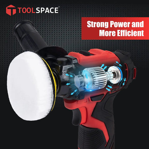 12V Cordless Buffer Polisher Kit With 3 Inch Mini Car Buffer And Sander, side view showing motor and pad, for DIY detailing